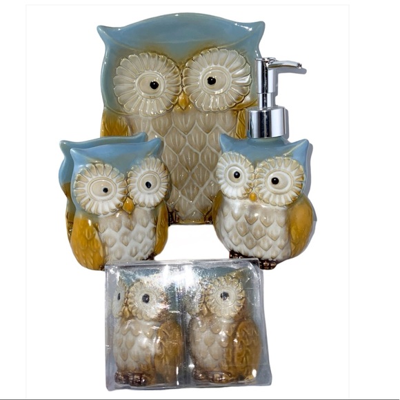 Variety WS Other - Owl Ceramic Kitchen 4 Piece Set Hand-Painted Functional Kitchen Art Blue Tan